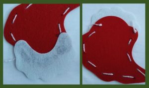 attaching white felt felt beard to Santa's hat