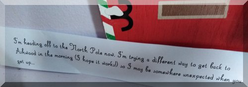 Tinkles' note "I'm heading off to teh North Pole now. I'm trying a different way to get back in the morning (I hope it works!) so I may be somewhere unexpected when you get up..."