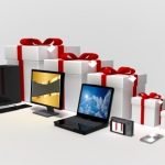 | love santa computer, tablet, mobile phone beside a row of Christmas gift boxes
