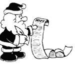 Black and white graphic of Santa checking his nice list