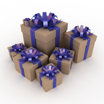 | love santa collection of brown boxes with purple gift ribbons