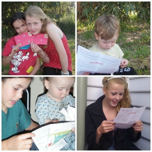 Collage of four photos showing children of different ages opening a Love Santa letter