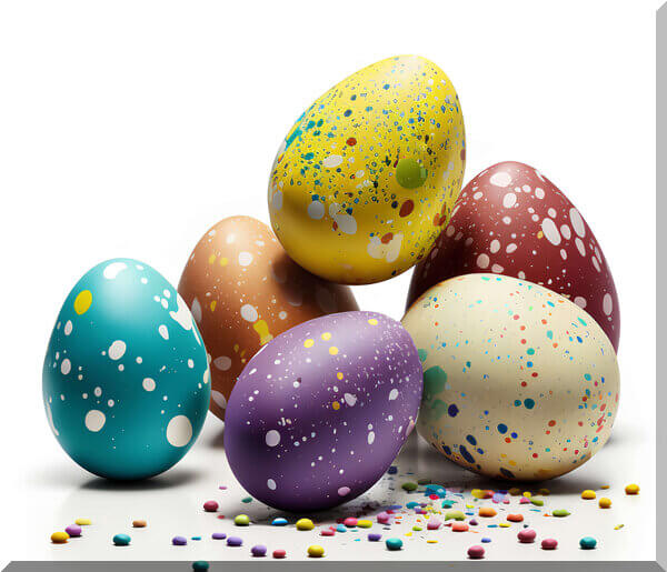 Eggs_decorated_123rf_scadidi | love santa multi-coloured decorated eggs in a pile