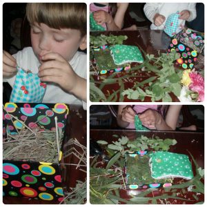 kids filling fabric bags with scented leaves