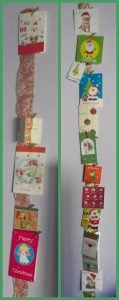 Collage of two photos of Christmas cards displayed in a column on a wall