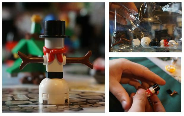 Collage of the Lego city advent calendar snowman