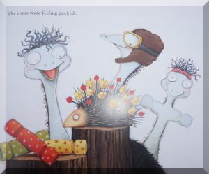 inside pages of "Emily's Bush Christmas", showing emus and an echidna food holder! A great Australian story