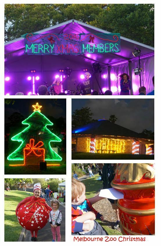 Entertainment-collage | love santa Collage of photos from the Christmas at Melbourne Zoo entertainment area - sparkly lights, a red letterbox and costumes