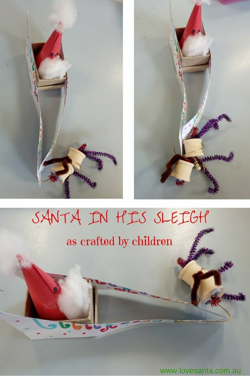 COllage of kids craft work - Santa in his sleigh with a cotton reel reindeer