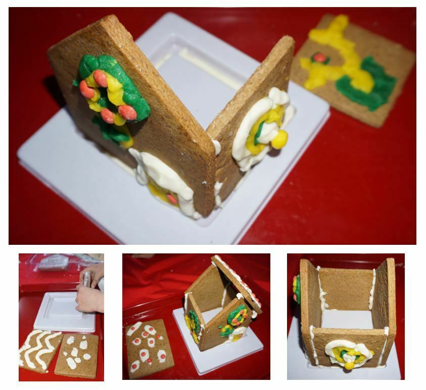 Collage os photos showing stages of the gingerbread house being put together