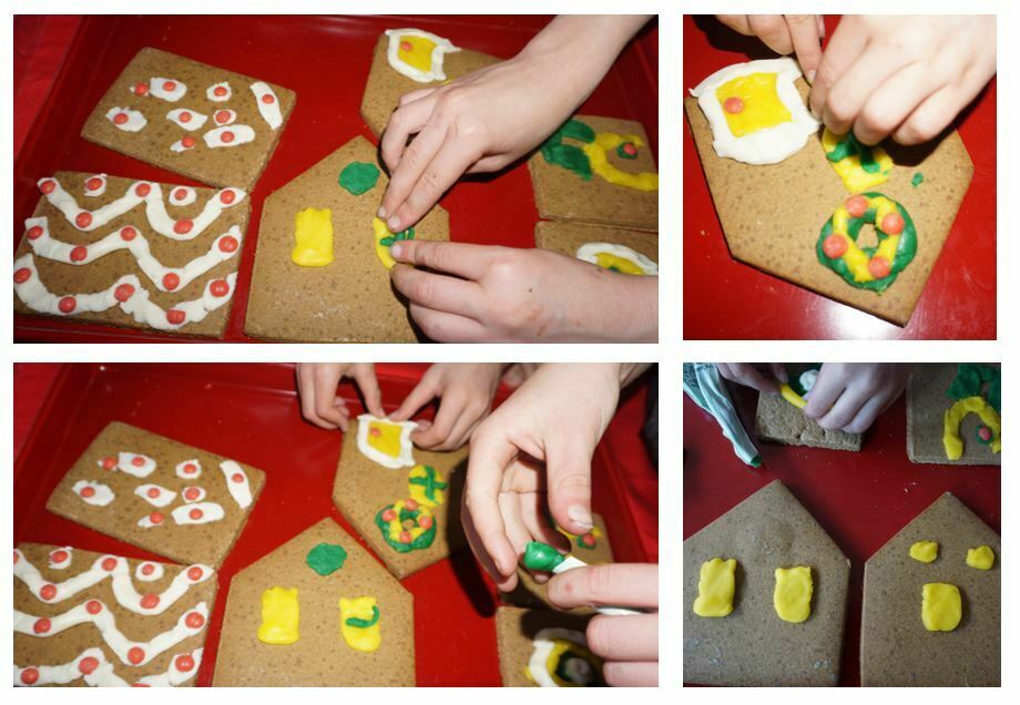 Collage of images where children's hands are putting icing onto the gingerbread pieces