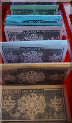 Lined up snowflakes from teh Christmas Monopoly game
