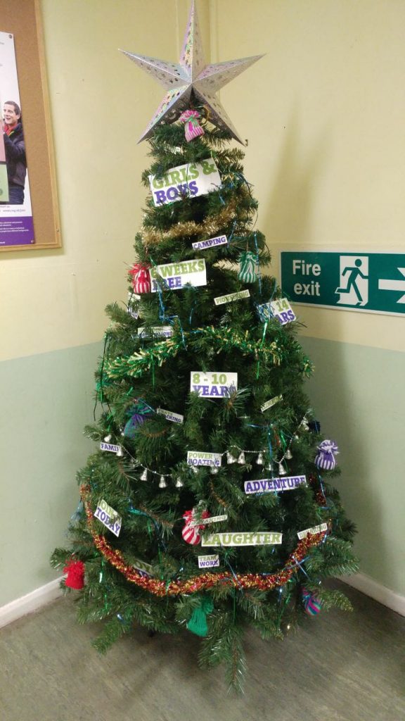 Christmas tree with decorations and scout signs