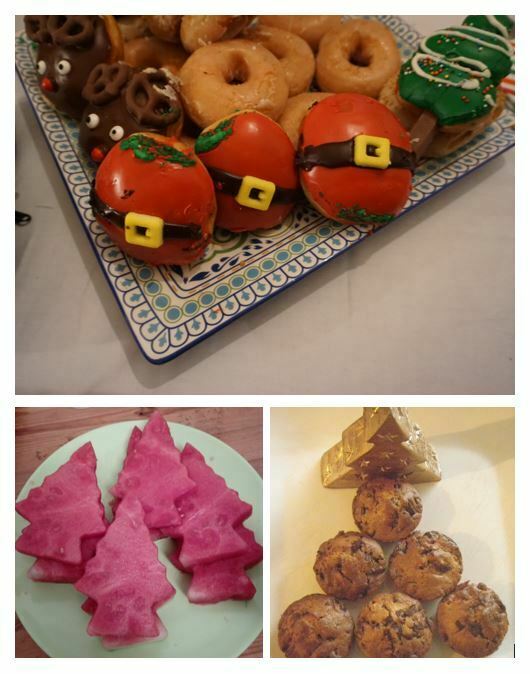 CHristmas doughnuts, Christmas tree watermelon and muffins beside a Christmas candle