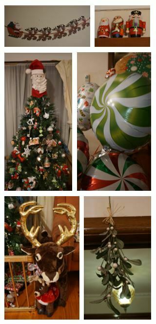 Array of CHirstmas decorations, including mistletoe and a Christmas tree