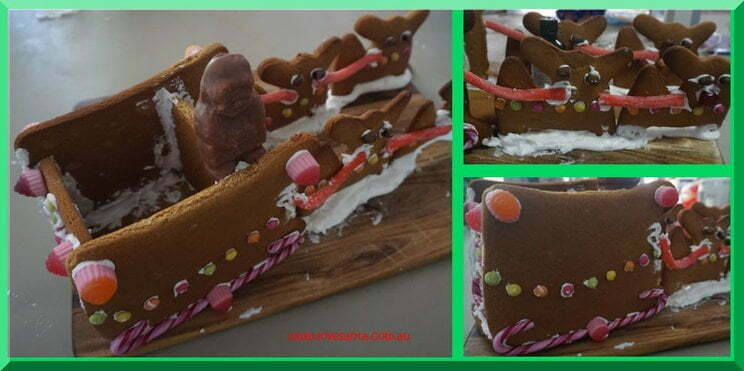 A gingerbread sleigh shown from different angles