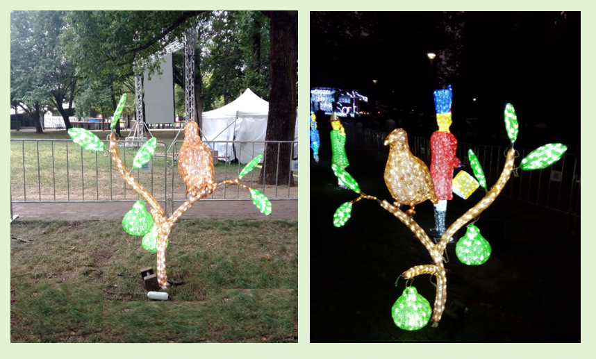 A partridge in a pear tree made of Christmas lights