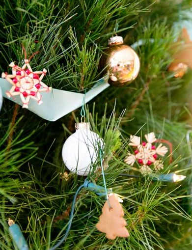 close up of red and orange Christmas tree decorations