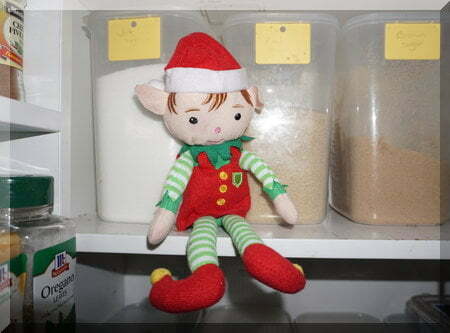 Tinkles the elf sitting on a pantry shelf