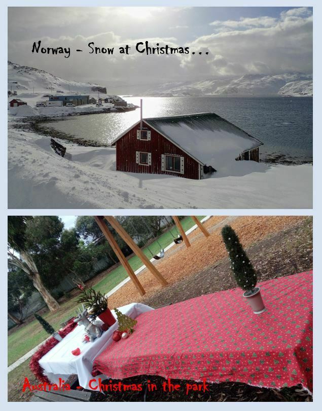 Two images - Norway covered in snow and a Christmas table in a sunny park