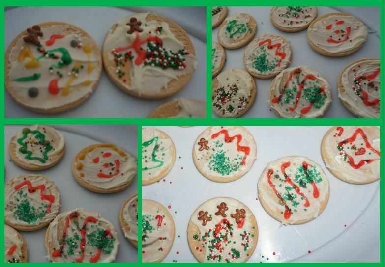 A collage of photos showing biscuits with white icing and colourful decorations added by a chlid for a Christmas party platter.