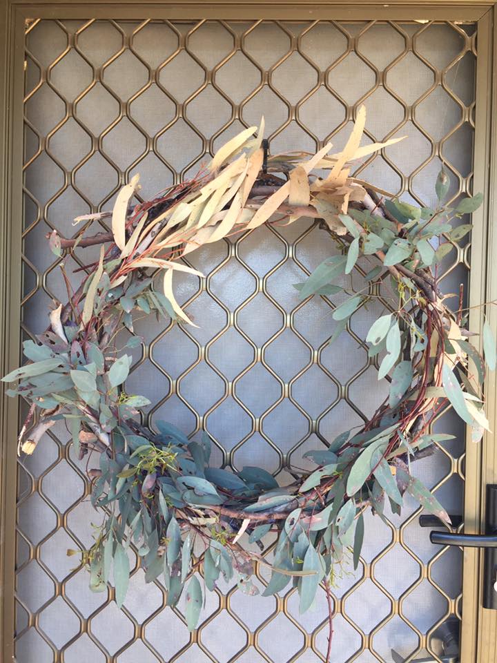 Christmas wreath made from gum leaves and sticks