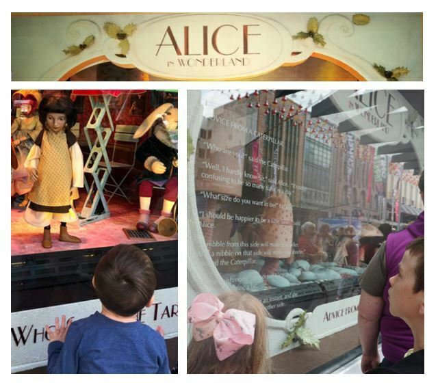 collage of children watching ALice in Wonderland at Myer 2018 windows