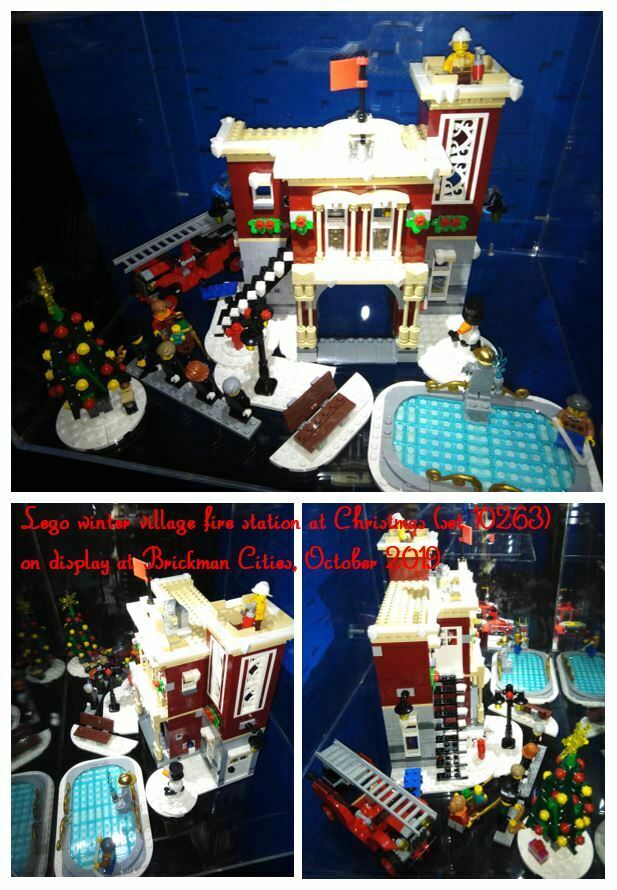 collage of images of Lego village fire station at Christmas