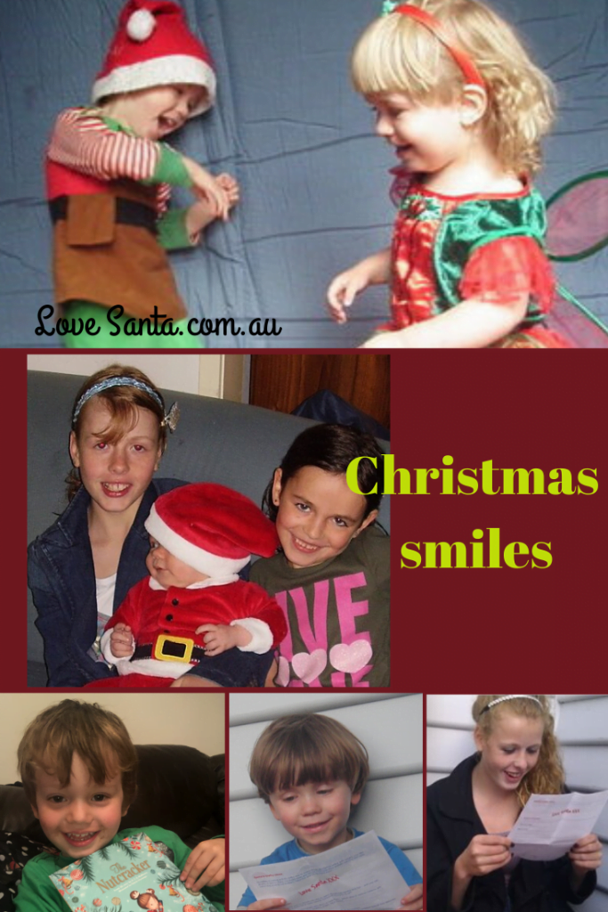 A collage is photos showing smiling children at Christmas - a baby in a Snata suit, young children dancing in Christmas costumes, a boy holding a present and girls reading Love Santa letters