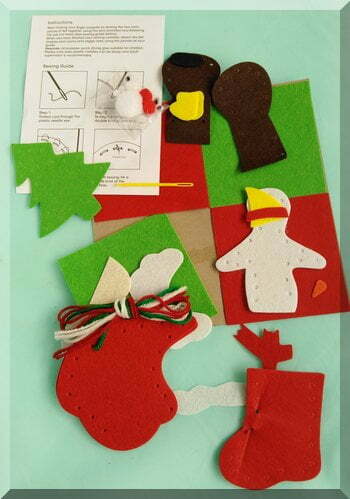 Christmas finger puppet kit contents laid out