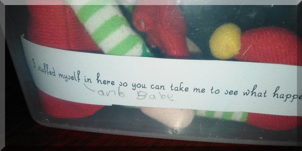 Tinkles' note says "I stuffed myself and baby in here so you can take me to see what happens at Mim's house this year!"