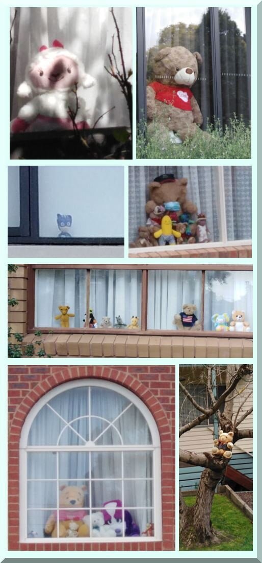 Collage of teddy bears in windows and trees