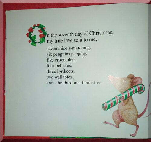 A mouse marching with a candy cane in a book
