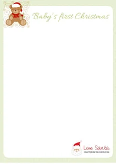Sample Love Santa letter template for a baby's first Christmas showing a green teddy bear