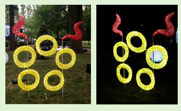 two photos of Christmas lights depicting five golden rings