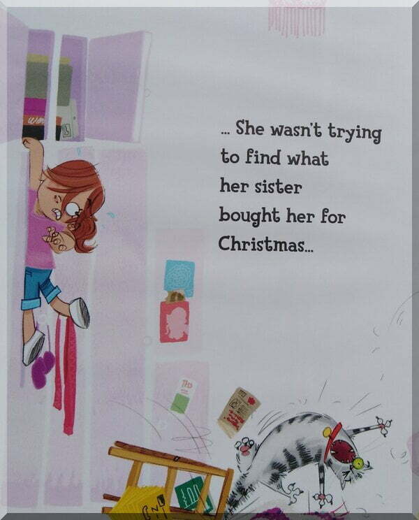 A cartoon girl hanging from a cupboard above a stool and a startled cat