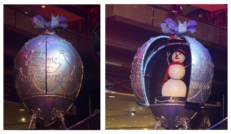 Large silver CHristmas egg with frosty the snowman inside