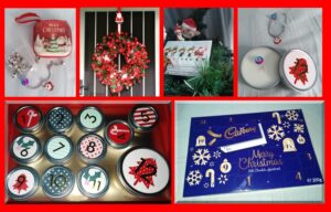 Collage of photos representing 1 December! A red wreath on a front door, Christmas elves in a Christmas tree with a letter, and 3 advent calendars (jewellery, chocolates and candles)
