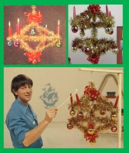 collage of photos showing a tinsel covered Christmas decorations with candles