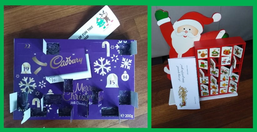 Letter-advent-collage | love santa Love Santa letter poking out from under a chocolate advent calendar and leaning against a wooden Santa advent calendar.