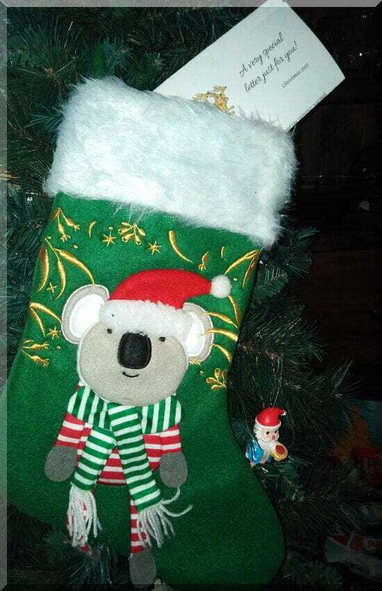 Letter-in-aussie-stocking-on-tree_550 | love santa A Love Santa letter sticking out of a green stocking decorated with a koala in a Santa hat