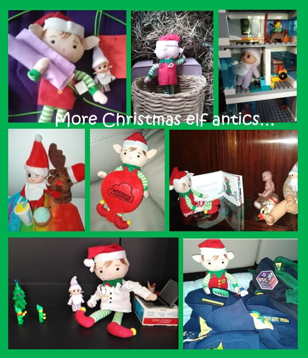 Collage of photos of CHristmas elf and baby elf enjoying some Christmas antics