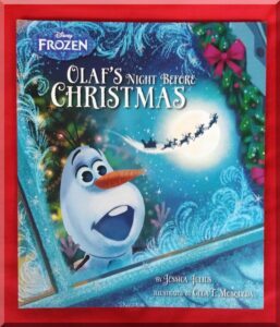 front cover of Olaf's Night Before Christmas which shows Olaf the snowman looking at Santa and his sleigh in the sky