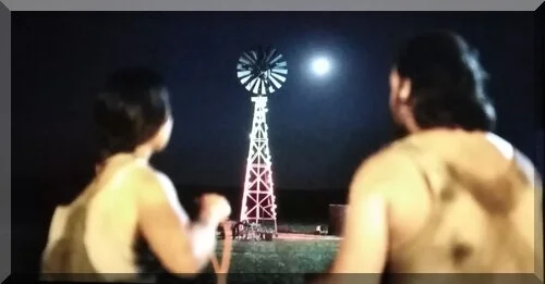Sunburnt-xmas-movie-windmill-500 | love santa The backs of a man and a woman as they look at the full moon and a windmill covered in Christmas lights