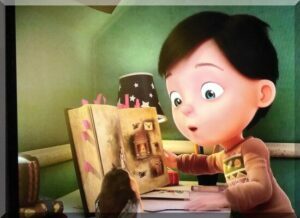 An animated boy looking at a book with his bird