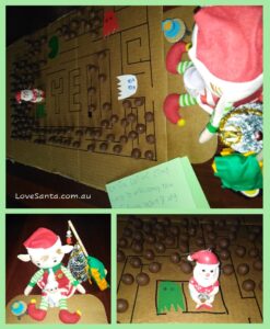 Collage of photos showing Christmas elves sitting at a pacman board made of cardboard and malteasers