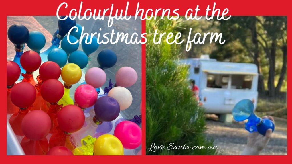 Two photos of colourful horns at a Christmas tree farm - lots of horns in a container and a child's hand holding a blue horn beside a Christmas tree