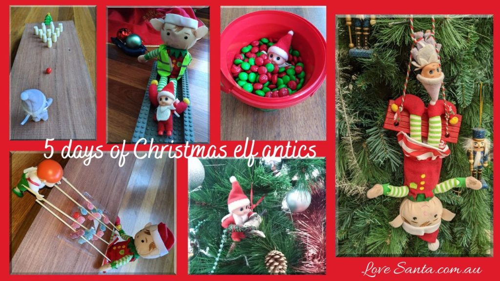 The Love Santa elf is up to more antics in this collage of five photos