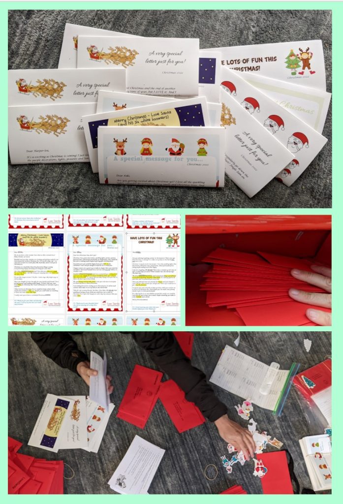 Collage of 4 photos - an array of folded Love Santa letters; a computer screen where letters are being edited; a hand posting red envelopes into an Australia Post box; hands sorting letters and Christmas stickers into red envelopes