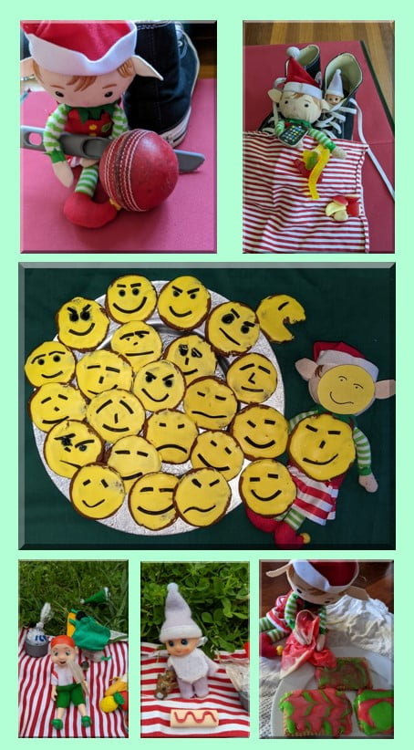 Collage of Christmas elf photos - having a picnic, lying with smiley face biscuits, icing biscuits, and playing cricket